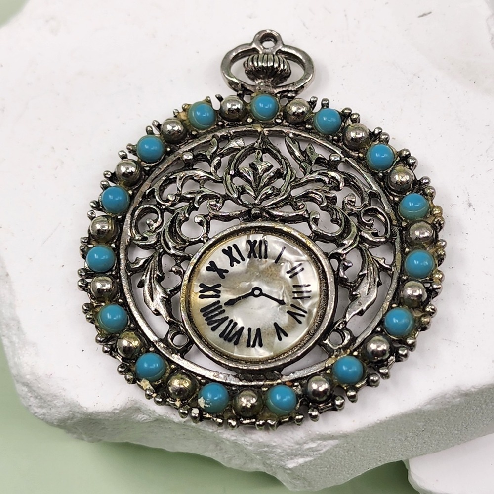 Vintage Style Silver Tone Turquoise Color Bead Filigree Watch Pendant Statement
